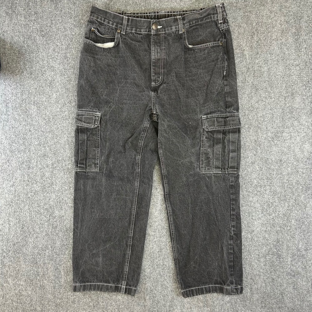 Duke Haband Mens Relaxed Fit Cargo Jeans Faded Black Contrast Stitch 38M